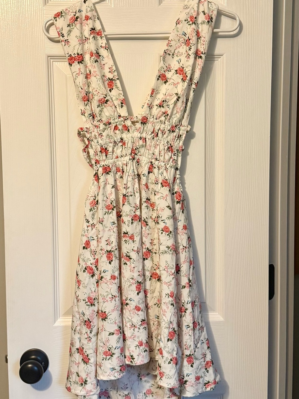 S Floral White and Pink Sundress with Smocked Waist